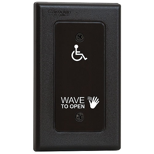Camden CM-336/42 Surewave(tm) Battery Powered, 915Mhz. Wireless Touchless Switch, Single Gang, Black Faceplate, Hand Icon, Wheelchair & Wave to Open Graphics