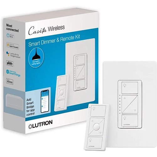 Lutron P-PKG1W-WH Caseta Wireless Smart Lighting Dimmer Switch and Remote Kit for Wall & Ceiling Lights, White