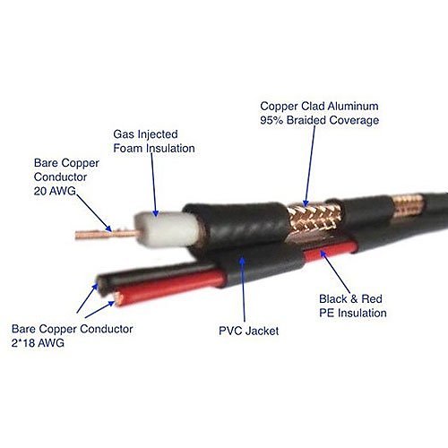 ADI RN-7000508 RG59 Siamese Coaxial Cable, 95% CCA Braid, 18/2 BC, Non-Plenum,  500' (152.4m) Reel in Box, Black