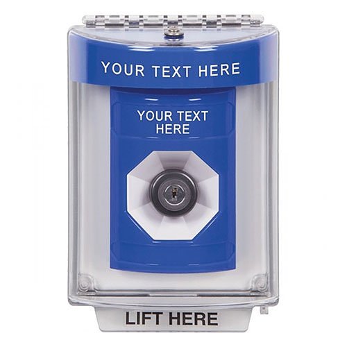 STI SS2443ZA-EN Indoor and Outdoor Flush with Horn Key-to-Activate Stopper Station with Non-Returnable Custom Text Label English, Blue