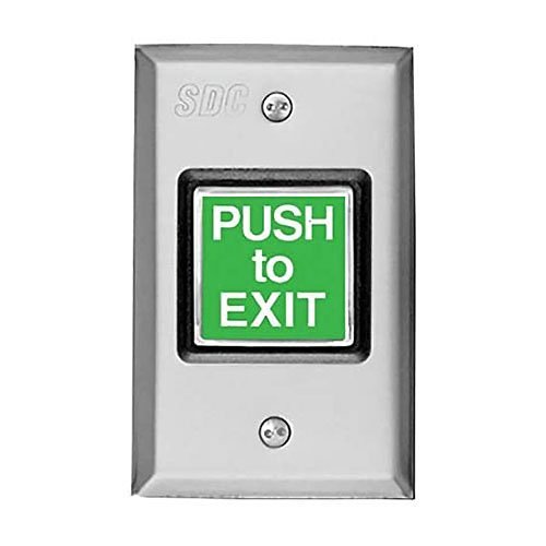 SDC 424U Illuminated Exit Switch, 1-Gang, Momentary, DPDT, PUSH TO EXIT Legend, 5 Amp at 12/24 Volt DC, 2-7/8" Width x 4-1/2" Height, Stainless Steel, Green