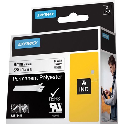 DYMO 18482 Rhino Permanent Poly Labels 3/8in x 18ft, Black Print on White