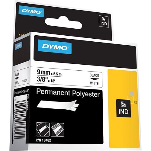 DYMO 18482 Rhino Permanent Poly Labels 3/8in x 18ft, Black Print on White