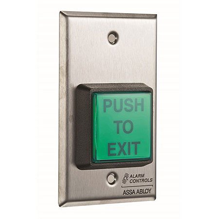 Alarm Controls TS-2-2 Request to Exit Station, 2" Green Square Push Button, Momentary DPDT Output, Single Gang, 430 Stainless Steel