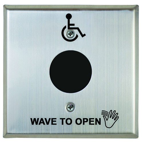 Camden CM-333/42SW Hybrid Battery Powered Touchless Switch, Hand Icon, 'Wave to Open' text and Wheelchair Symbol