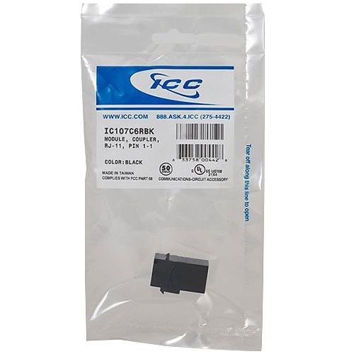 ICC IC107C6RBK Voice RJ11 Keystone Coupler with Pin 1-1 for HD Style, Black