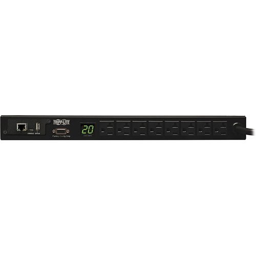 Tripp Lite PDUMNH20 1.9kW Single-Phase Monitored PDU, 120V Outlets (8 5-15/20R), L5-20P/5-20P Adapter, 12  ft. (3.66 m)Cord, 1U Rack-Mount, LX Platform Interface, TAA