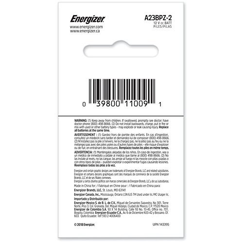 Energizer A23-BPZ-2 45mAh 12V Alkaline Button Top Batteries for Keyless Entry, 2 Pack