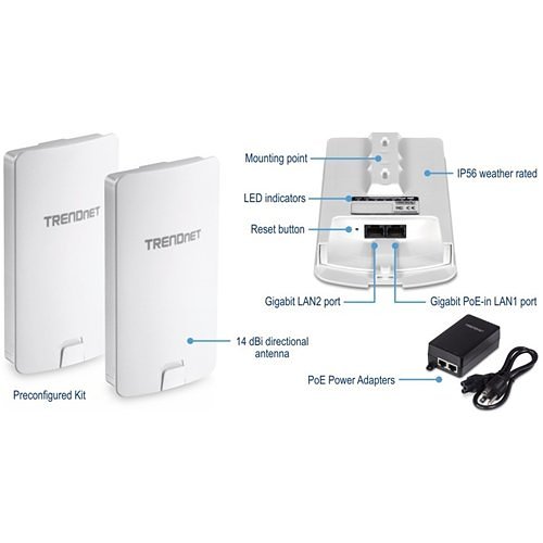 TRENDnet TEW-840APBO2K 14 dBi Wi-Fi AC867 Outdoor PoE Preconfigured Point-to-Point Bridge Kit