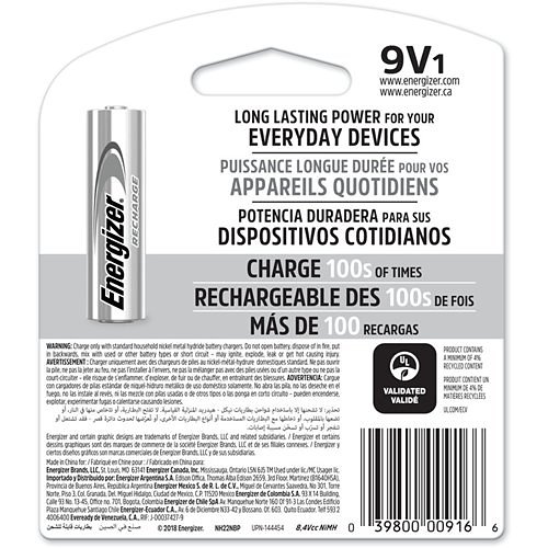 Energizer NH22NBP Recharge Universal Rechargeable 9V Batteries, 1-Pack