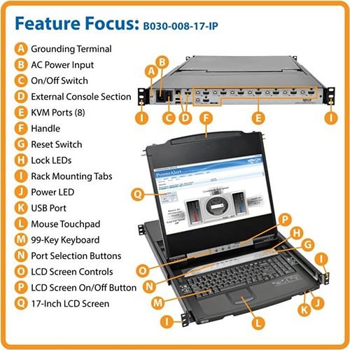 Tripp Lite B030-008-17-IP NetDirector 8-Port 1U Rack-Mount Console HDMI KVM Switch with 17" LCD and IP Remote Access, Dual Rail