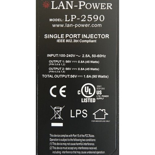 LAN Power LP-2590 Single Port ULTRA High Power/PoE+ Midspan Injector Supports Powering IP End Devices