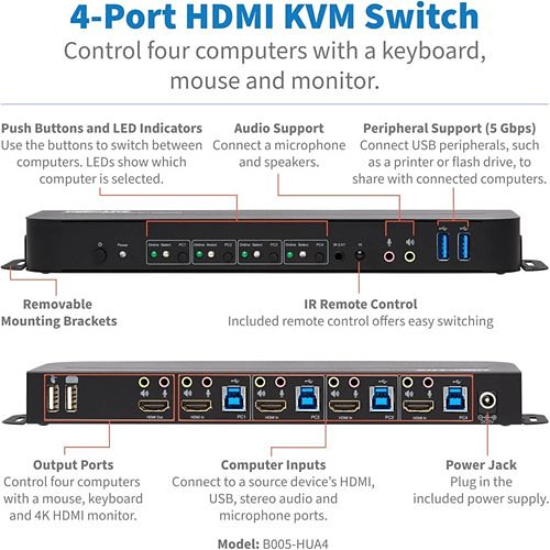 Tripp Lite B005-HUA4 4-Port HDMI/USB KVM Switch, HDR, HDCP 2.2, IR, USB Sharing, Supports UHD Resolutions Up to True 4K at 60 Hz (4:4:4) for Crystal Clear Video