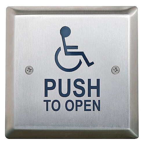 Camden CM-46-4 4 1/2" Square Push Plate Switch, Exposed Screws, 'WHEELCHAIR' Symbol and 'PUSH TO OPEN', Blue