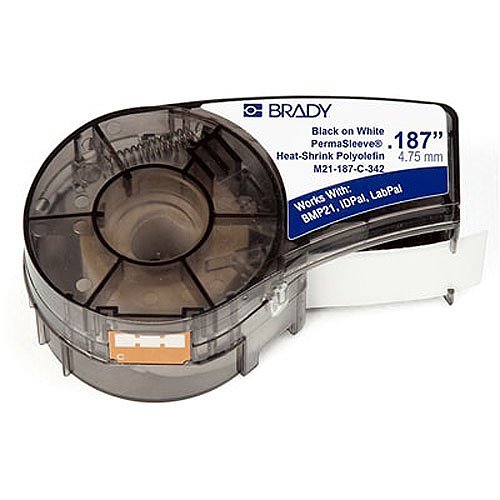 Brady M21-187-C-342 PermaSleeve Heat Shrink Wire and Cable Labels with Ribbon for M210, M211, BMP21-PLUS Printers, 3/16" Dia x 7' L, Black on White