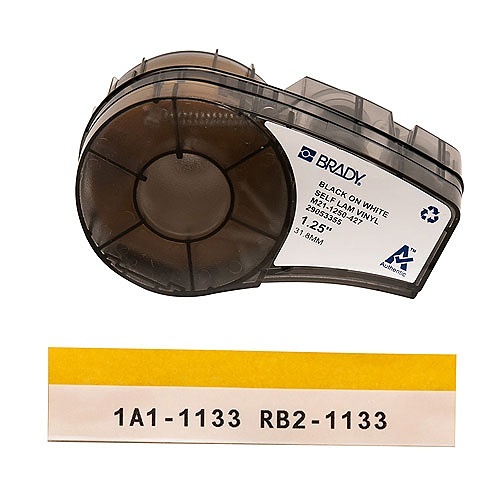 Brady M21-1250-427 Self-Laminating Vinyl Wrap Around Labels with Ribbon for M210, M211, BMP21-PLUS Printers, 1.25" W x 14' L, Black on White, Clear