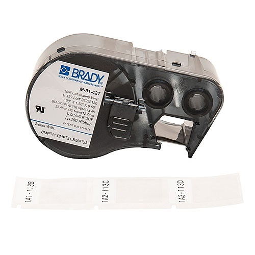 Brady M-91-427 Self-Laminating Vinyl Wrap Around Labels with Ribbon for BMP41 BMP51, 1.5" H x 1" W, Black on White, Clear