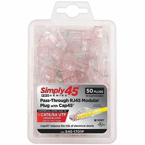 Simply45 S45-1701P ProSeries Pass-Through RJ45 Modular Plug with Cap45 for  CAT6/6a UTP Unshielded with Cap45, Hi/Lo Stagger, 50-Piece Clamshell, Red  Tint