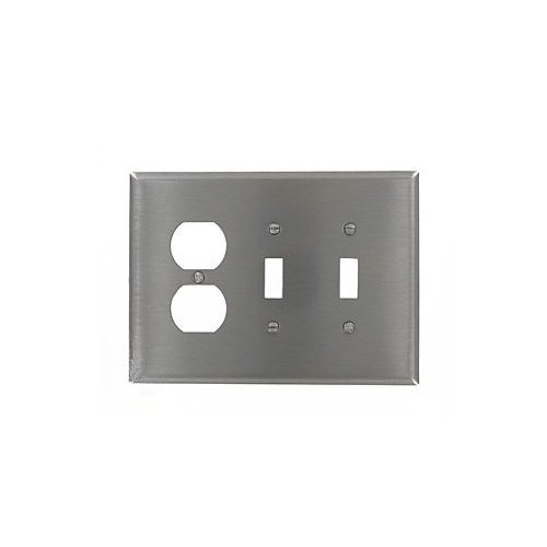 Leviton 84021-40 3-Gang Wallplate – 2 Toggle Switches + 1 Duplex Outlet – Standard Size, Stainless Steel – UL Listed