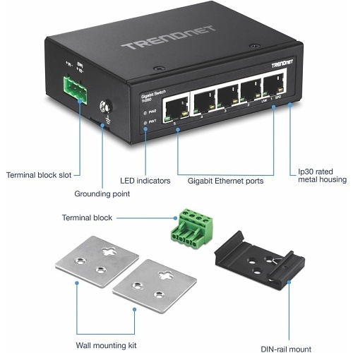 TRENDnet TI-G50 5-Port Hardened Industrial Gigabit DIN-Rail Switch