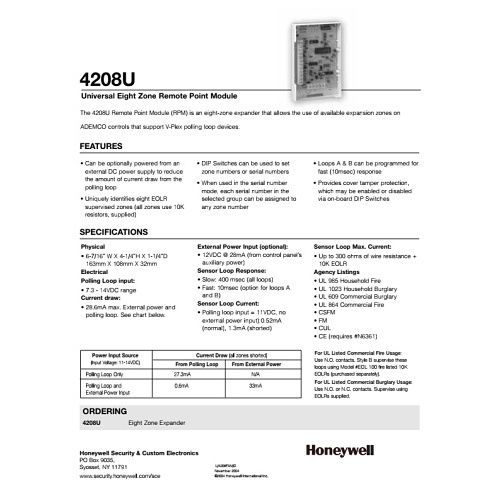 ボンブページ Honeywell Home 4208U V-Plex Universal 8-Zone Remote Point Module