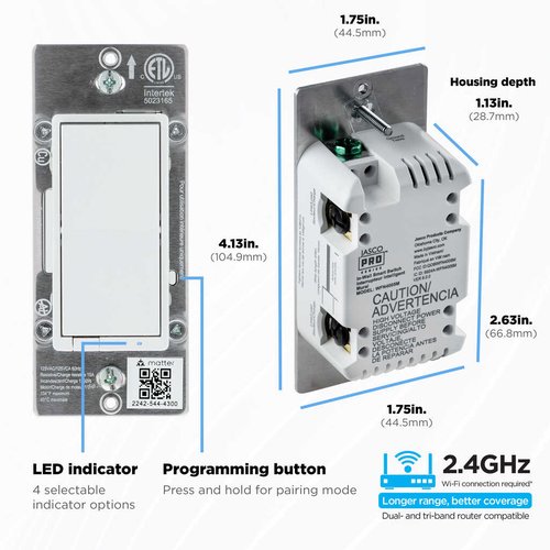 Jasco 81919 Matter In-Wall Wi-Fi On / Off Paddle Switch, Emergency