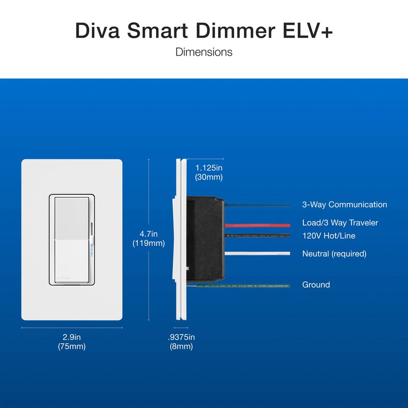 Thumbnail 4 for Lutron DVRF-5NE-BL Diva Smart ELV+ Dimmer Switch for Caseta Systems, Phase Selectable, 250W LED / 400VA MLV / 500W ELV, Neutral Required, 120V, Black