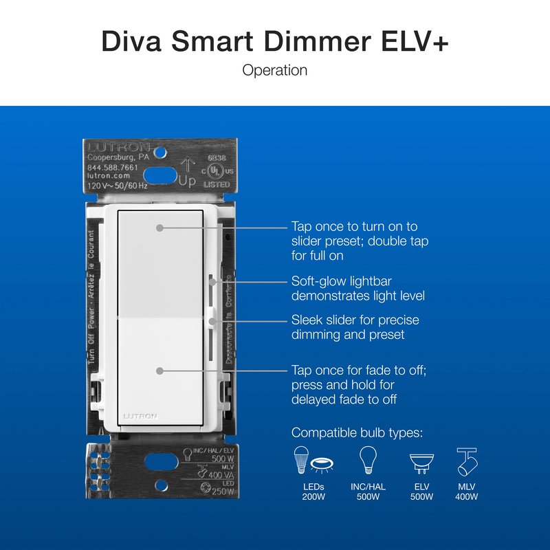 Thumbnail 3 for Lutron DVRF-5NE-GR Diva Smart ELV+ Dimmer Switch for Caseta Systems, Phase Selectable, 250W LED / 400VA MLV / 500W ELV, Neutral Required, 120V, Gray