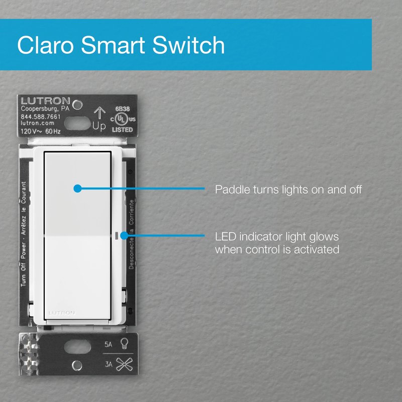 Thumbnail 3 for Lutron DVRF-5NS-LA Claro Smart Switch for Caseta, 5A LED or 3A Fan, On / Off Paddle Switch, Single-Pole /  3-Way, Neutral Required, 120V, Light Almond