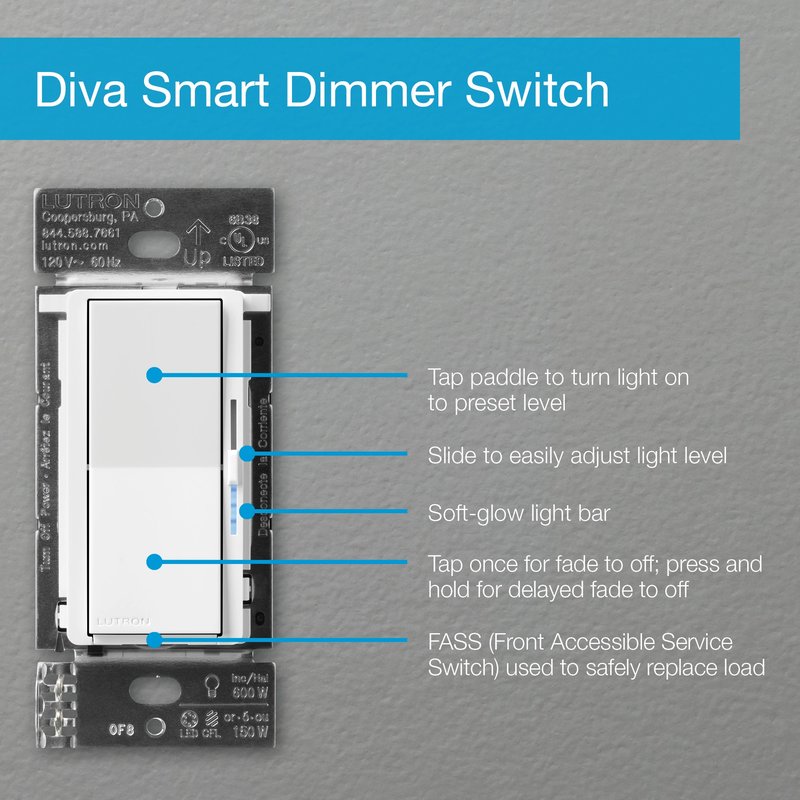 Thumbnail 2 for Lutron DVRF-6L-WH Diva Smart Dimmer Switch for Caseta, 150W LED, Single Pole, No Neutral Required, 120V, White
