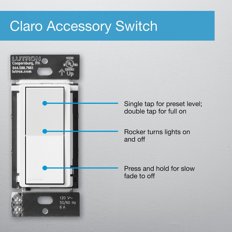 Thumbnail 2 for Lutron DVRF-AS-BL Claro Smart Accessory Switch for Diva Smart Dimmer Switch / Claro Smart Switch, Multi-Location On / Off, Black