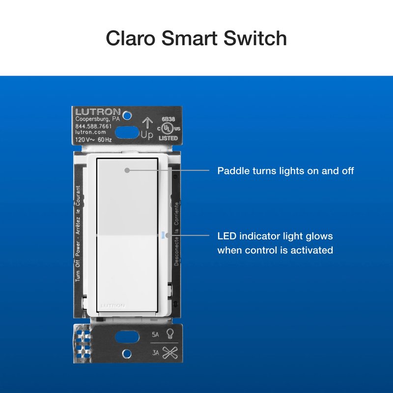 Thumbnail 2 for Lutron DVRF-PKG1S-WH Claro Smart Switch 3-Way Kit with Pico Paddle Remote for the Caseta system, Smart Hub Not Required, White