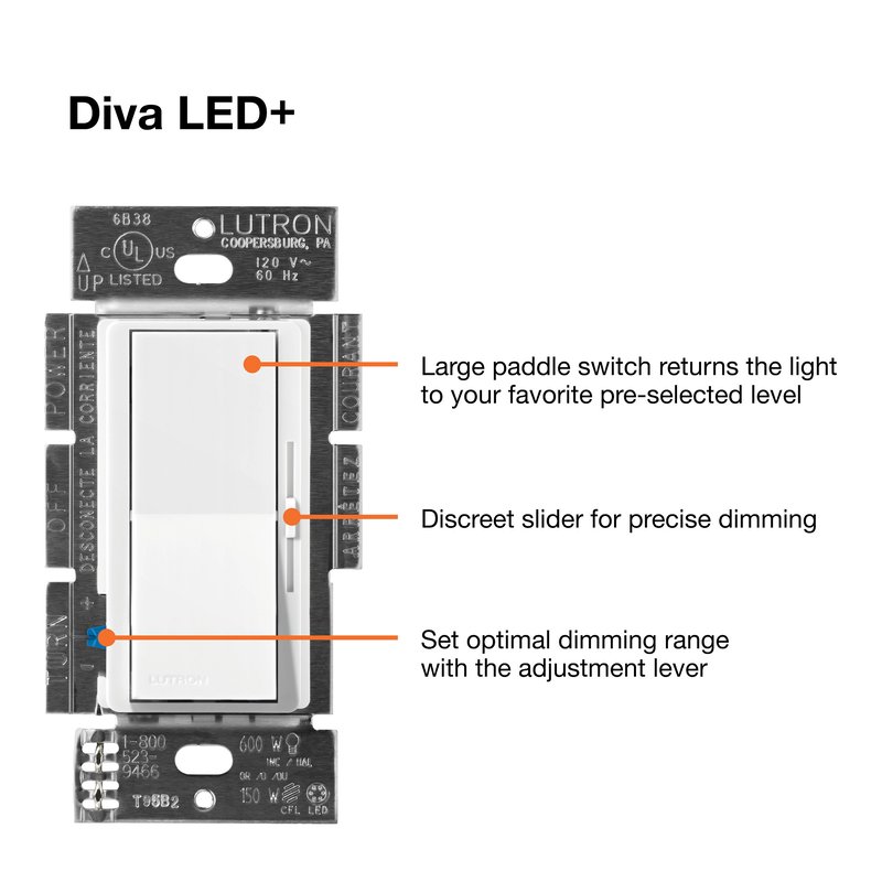 Thumbnail 2 for Lutron DVSCCL-253P-CY Diva LED+ Dimmer Switch, 250W LED, Single Pole / 3-Way, No Neutral Required, 120V, Clay