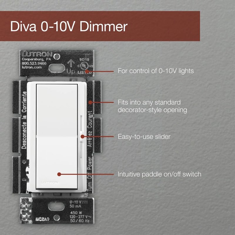 Thumbnail 3 for Lutron DVSTV-453PH-WH Diva 0-10V Dimmer Switch, 450W, Single-Pole / 3-Way, No Neutral Required, 120V, DVSTV-453-WH, White