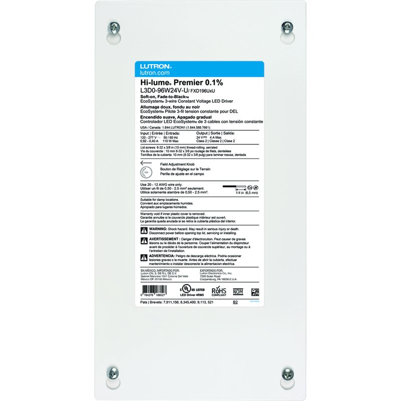 Lutron L3D0-96W24V-U Hi-Lume 0.1% Voltage Driver, EcoSystem or 3-Wire, 24 V, Flicker Free Dimming