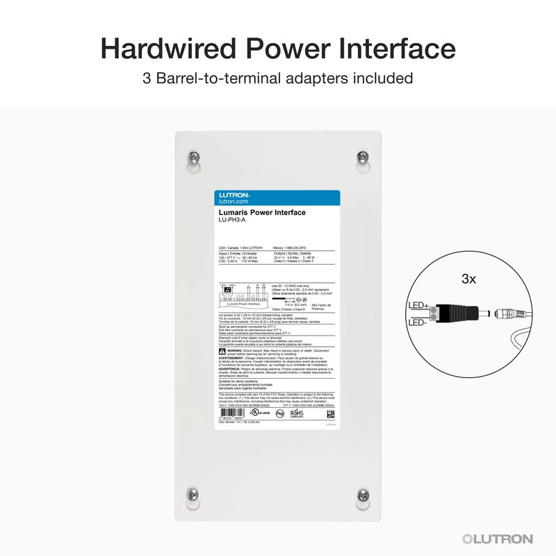 Thumbnail 4 for Lutron LU-PH3-A Hardwired Power Interface for Lumaris Tunable White Tape Light, 120 / 277V Input, 24V Output, Powers Up to 3 Wireless Controllers