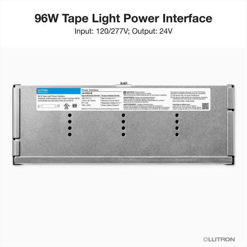 Thumbnail 2 for Lutron LU-PH3-B 96W Hardwired Power Interface with Flying Leads, works with Lumaris RGB + Tunable White LED Tape Light, 120 / 277V Input, 24V Output