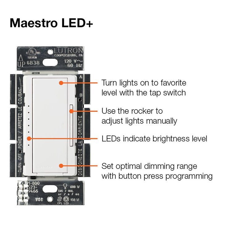 Thumbnail 4 for Lutron MACL-153M-RHW-WH Maestro LED+ Dimmer Switch and Companion Dimmer, 3-Way Kit, 150W LED, No Neutral Required, 120V, White