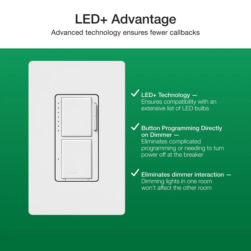 Thumbnail 5 for Lutron MACL-L3S25-WH Maestro LED+ Dual Dimmer and Switch, 75W LED Bulbs, Single Pole, White