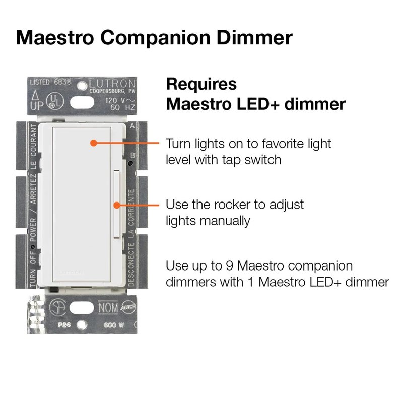 Thumbnail 4 for Lutron MA-R-WH Maestro Companion Dimmer Switch, Multi-Location Dimmer for Maestro Dimmers / Timers / Sensors, Not For Stand-Alone Use, White