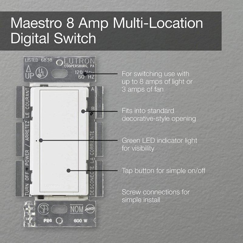 Thumbnail 3 for Lutron MA-S8AM-WH Maestro 8A Electronic Switch, Neutral Required, 950W Lighting / 3A Fan, 120V, Single Pole / 3-Way, MA-S8AM-XX  /  MSC-S8AM-WH, White