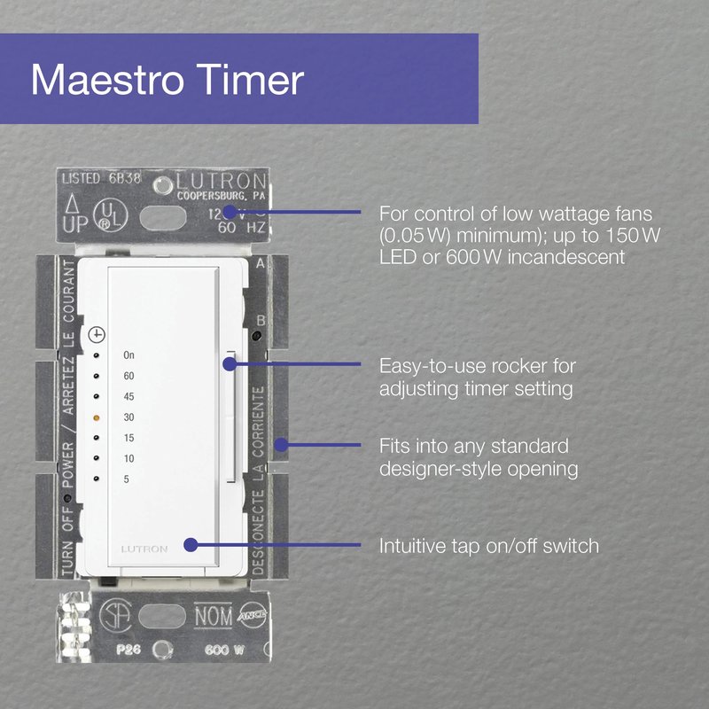 Thumbnail 3 for Lutron MA-T51MN-WH Maestro Countdown Timer Switch for Fans and Lights, Neutral Required, 150W LED, 3A Fan, Single-Pole / Multi-Location, White