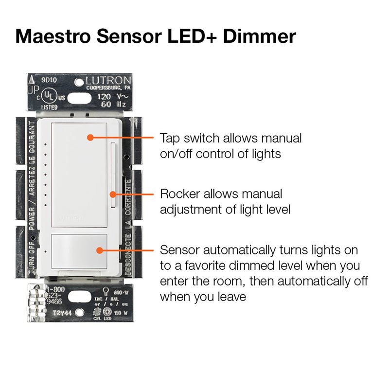 Thumbnail 4 for Lutron MSCL-OP153MH-WH Maestro LED+ Motion Sensor Dimmer Switch, 150W LED, 120V, Single Pole / Multi-Location, White