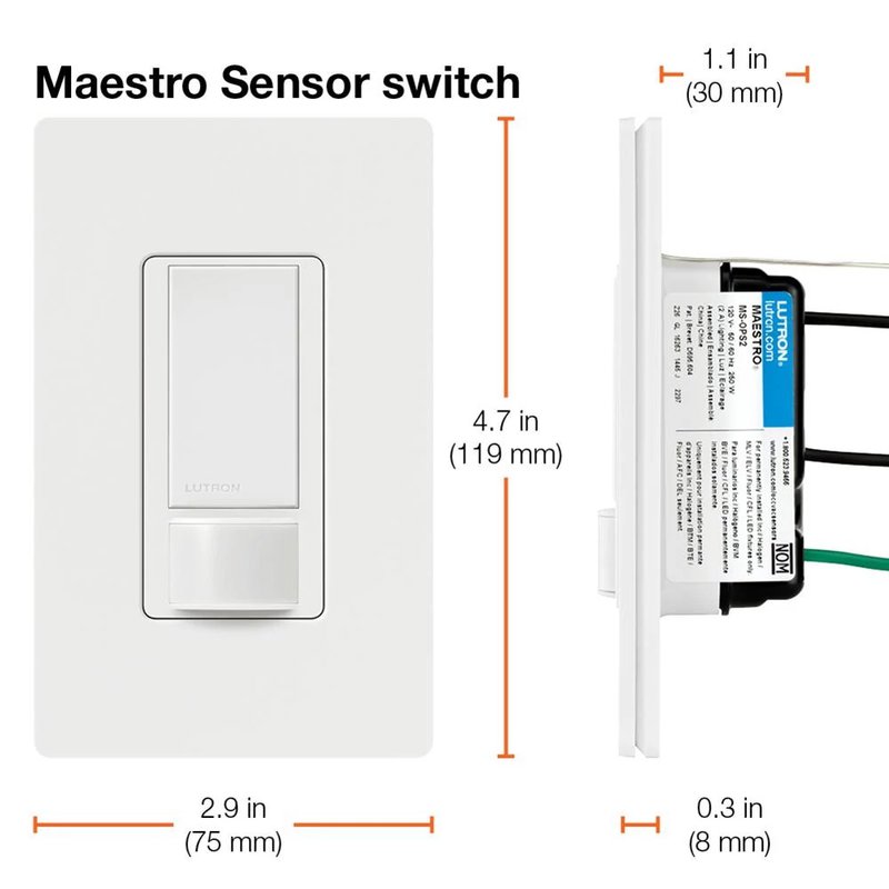Thumbnail 5 for Lutron MS-OPS2-IV Maestro Motion Sensor Switch, Ground or Neutral Required, 2A Lighting, 120V, Single Pole, Ivory