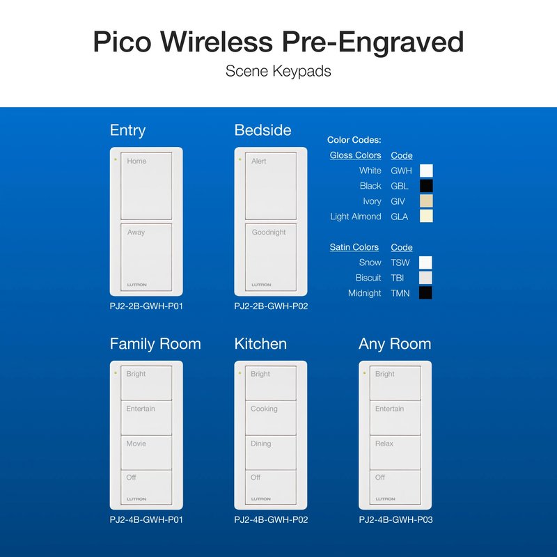 Thumbnail 2 for Lutron PJ2-4B-GLA-P02 4-Button, Scene Keypad, Pico Smart Remote, with Kitchen Text Engraving, Light Almond