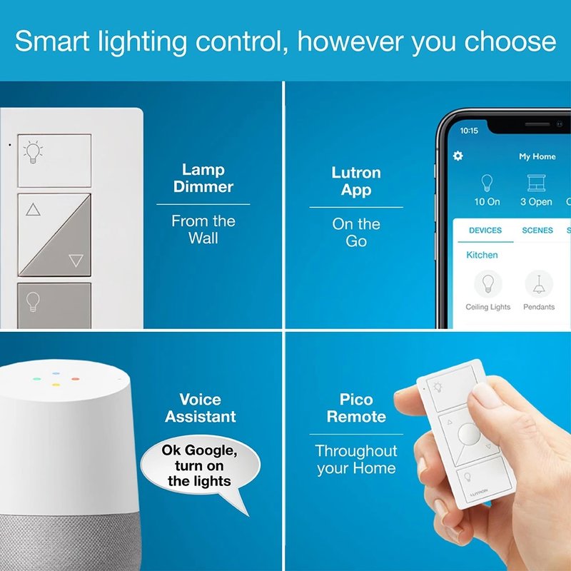 Thumbnail 4 for Lutron P-BDG-PKG2P Caseta 2-Pack Smart Lamp Dimmer Kit: Includes Smart Hub, 2 Plug-In Lamp Dimmers, 2 Pico Remotes, and 2 Pedestals, White