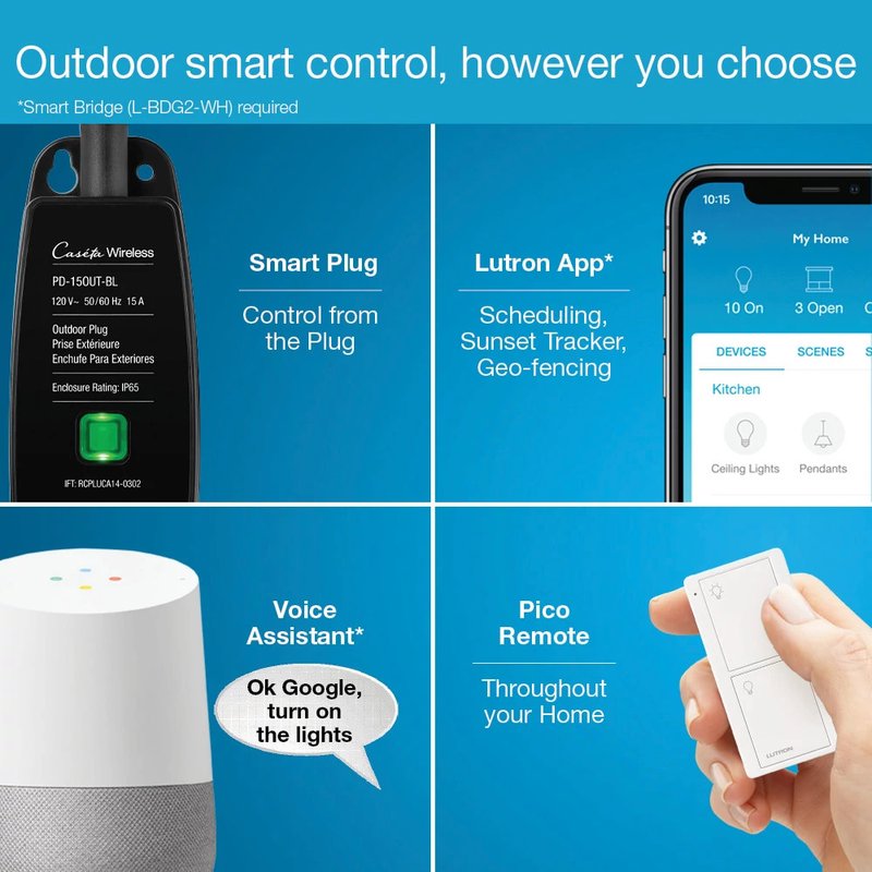 Thumbnail 3 for Lutron PD-15OUT-BL Caseta Weatherproof Outdoor Smart Plug for Landscape / String Lights, 15A Light or 1 / 2HP Motor, On / Off Switch, IP66 Rated, Black