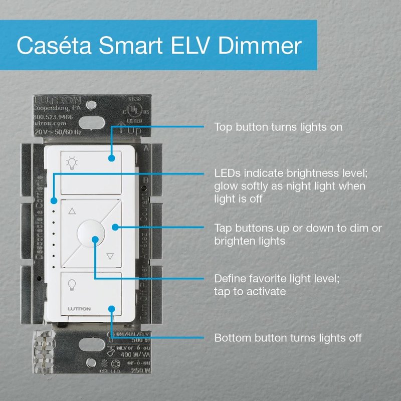 Thumbnail 3 for Lutron PD-5NE-WH Caseta Original Smart Dimmer Switch for ELV+ Lighting, Phase Selectable, 250W LED / 400VA MLV / 500W ELV, Neutral Required, 120V, White