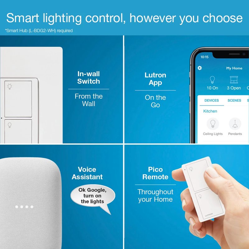 Thumbnail 5 for Lutron PD-5WS-DV-WH Caseta In-Wall Smart Switch PRO, No Neutral Required, 5A Lighting or 3A General Fan Load, 120 / 277V, Single Pole / 3-Way, PD-5WS-WH, White