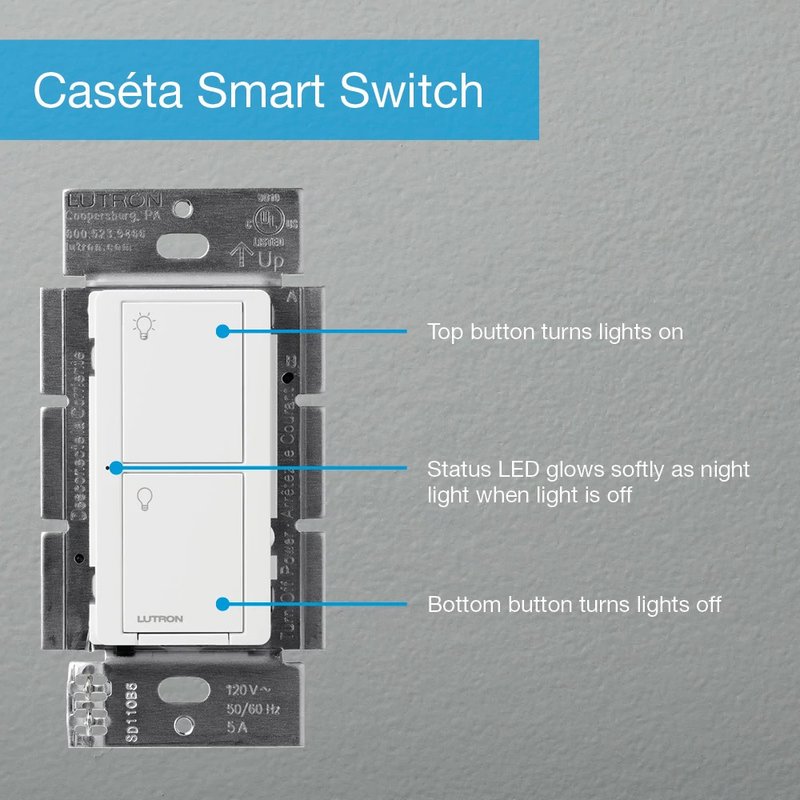 Thumbnail 3 for Lutron PD-6ANS-WH Caseta Original Smart Switch, 6A Light or 3.6A Fan, Neutral Required, 120V, White